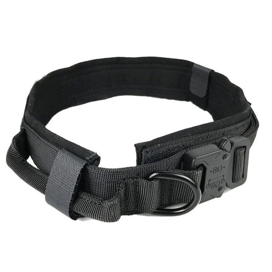 Black tactical dog collar with metal buckle and control handle