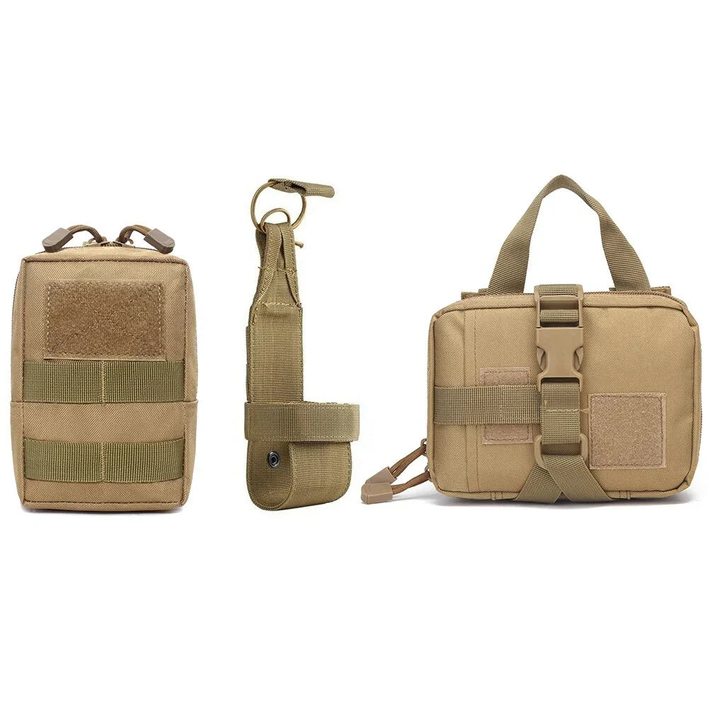 Flat lay of tan MOLLE pouches and matching straps