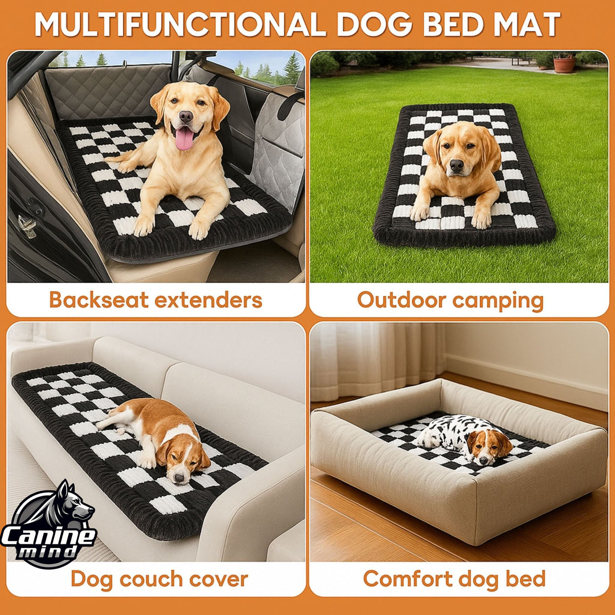 Four-panel graphic of the dog bed used in a car and at home