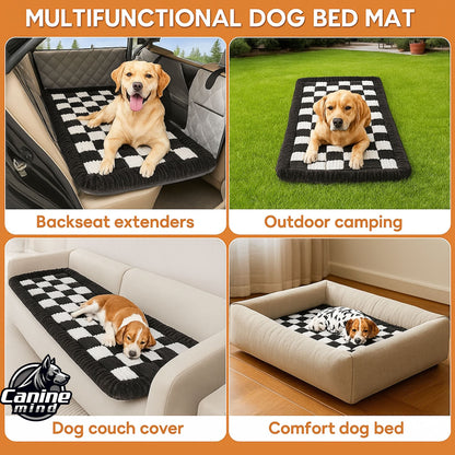 Four-panel graphic of the dog bed used in a car and at home