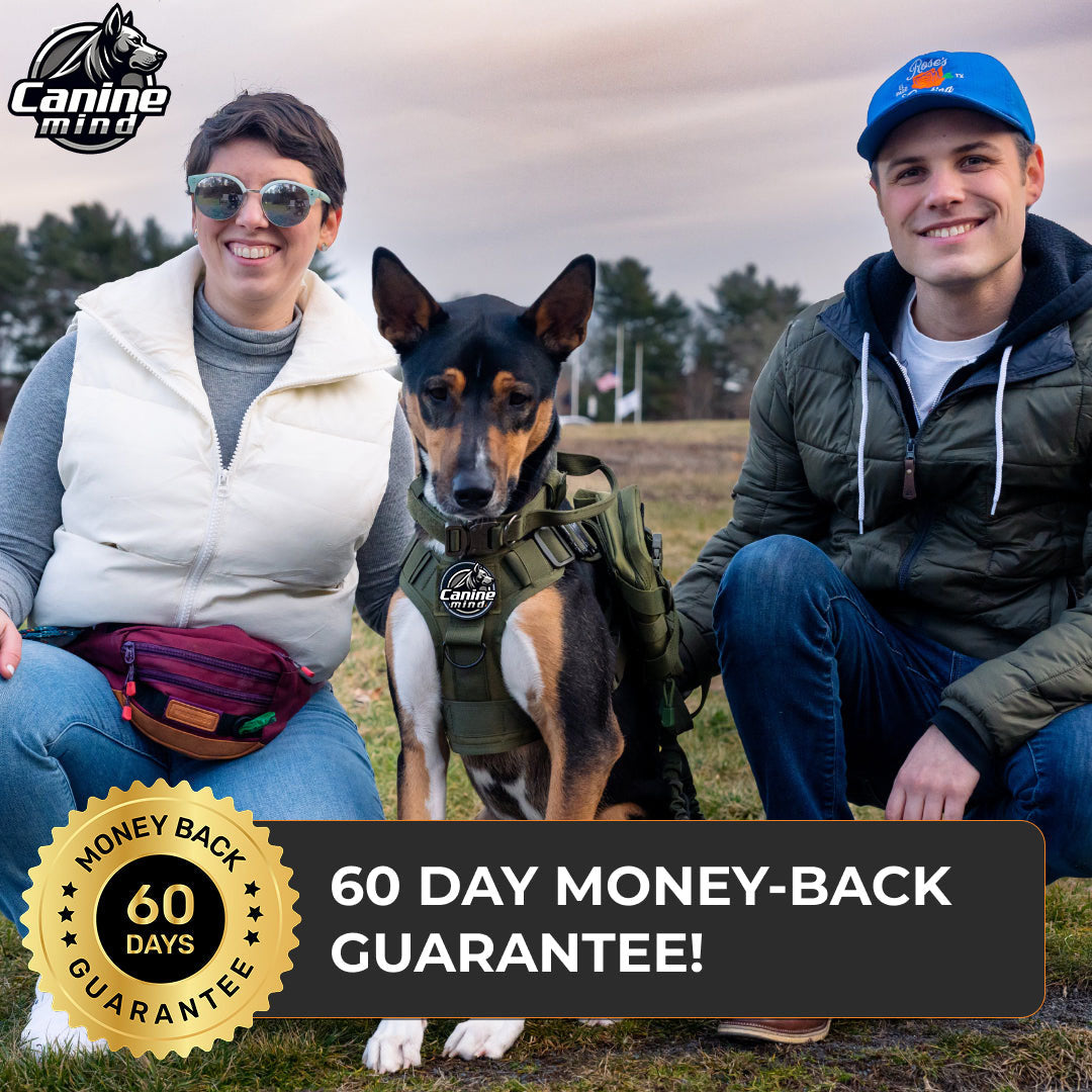 Customers and dog beside the 60-day money-back guarantee graphic
