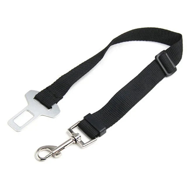 Black adjustable dog seat-belt tether with metal car-buckle tab and leash clip
