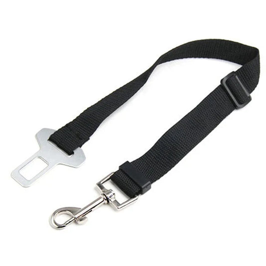 Black adjustable dog seat-belt tether with metal car-buckle tab and leash clip