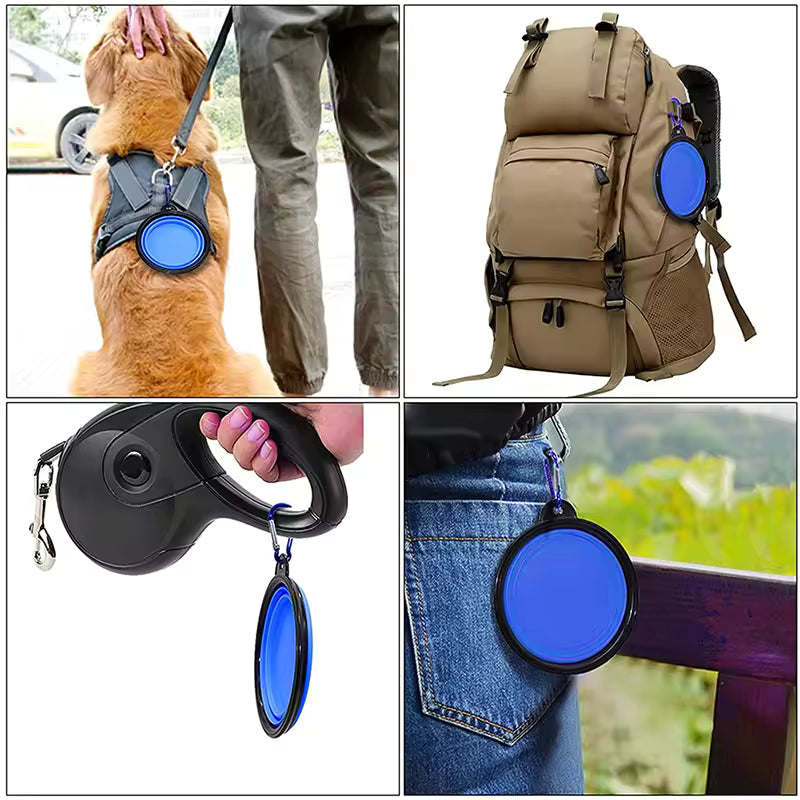 Collage showing the bowl clipped to bags during outdoor trips
