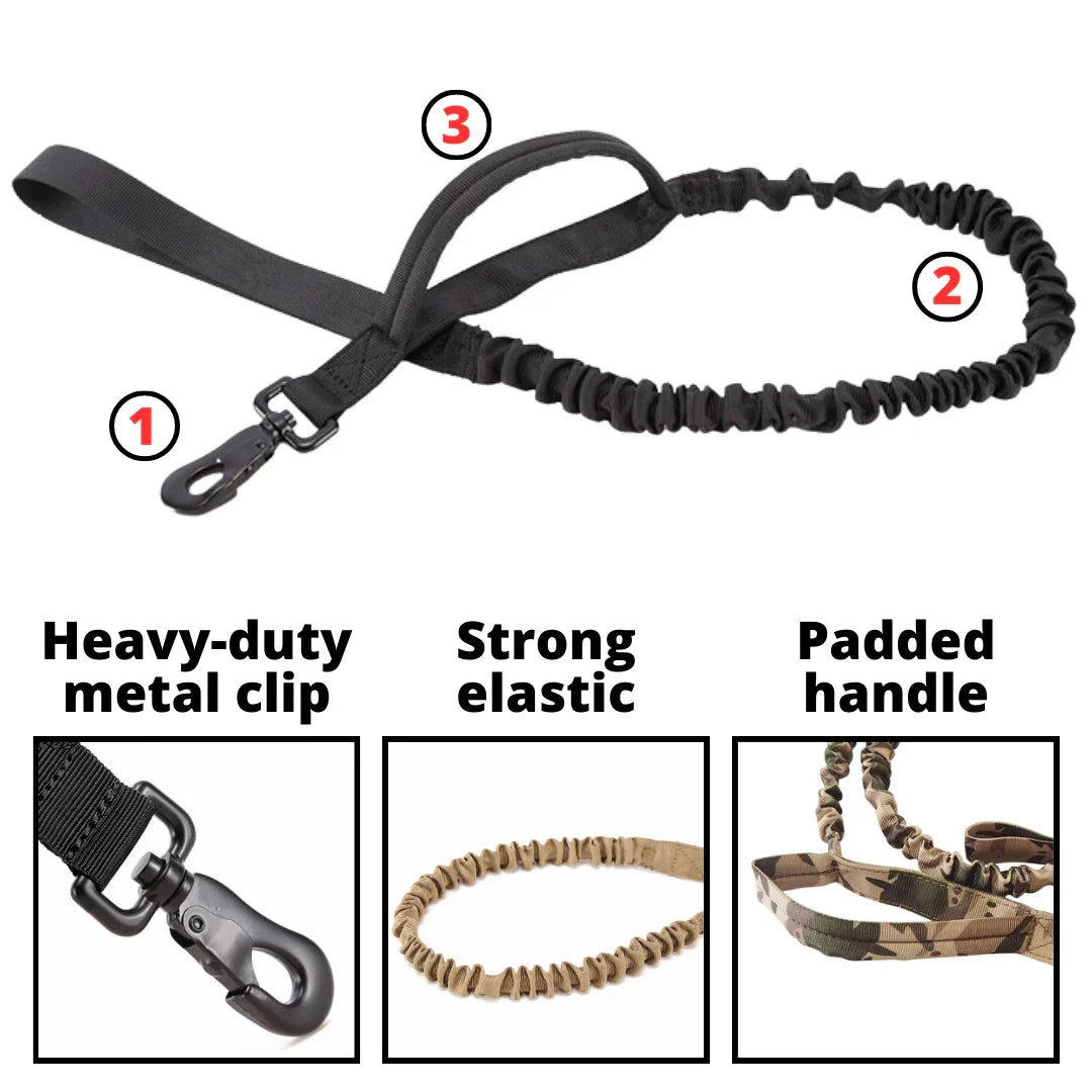 Feature graphic showing the leash clip, elastic section and padded handle