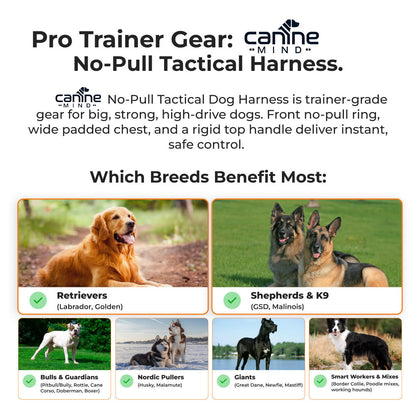 Trainer graphic showing the tactical harness and suitable dog breeds