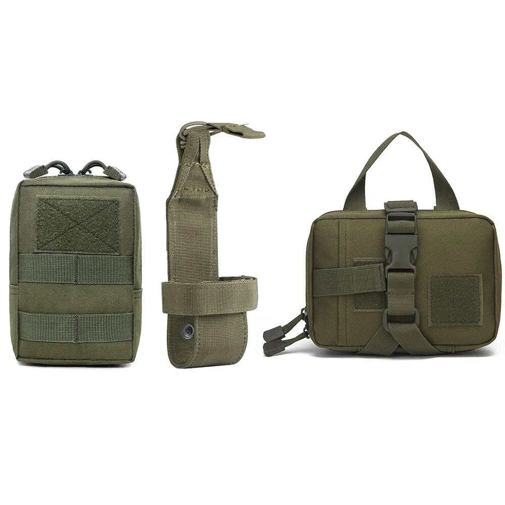 Flat lay of green MOLLE pouches and attachment straps