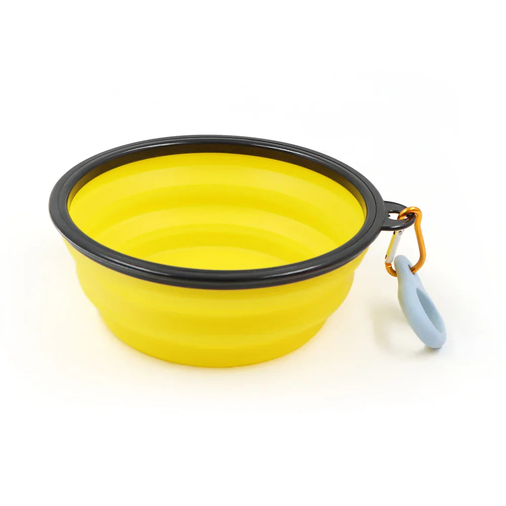 Yellow collapsible travel bowl with clip